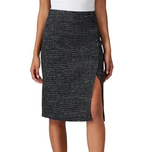 Club Monaco Cutaway Plaid Check Wool Blend Pencil Skirt with Buttons Black 4 NWT